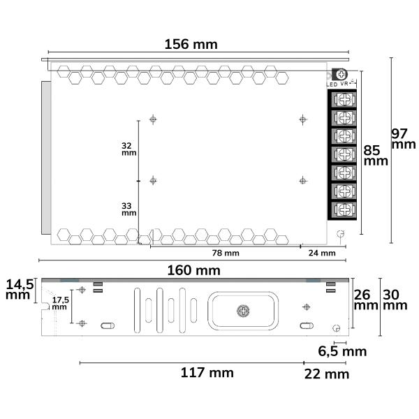 LED Trafo 24V/DC, 0-150W, Gitter