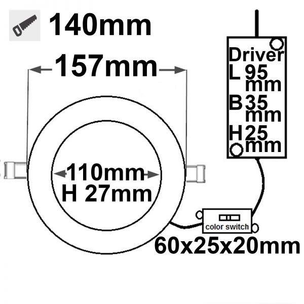 LED Downlight, 15W, ultraflach, ColorSwitch 2600|3100|4000K, dimmbar