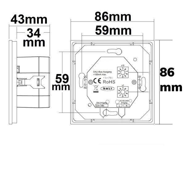 DALI DT8 CCT 1 Gruppe Einbau-Touch Master-Controller, weiß, 230V AC oder DALI-Bus Spannung