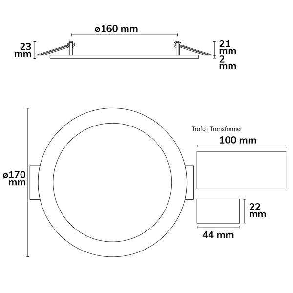LED Downlight, 12W, rund, ultraflach, blendungsreduziert, schwarz, warmweiß, dimmbar CRI90