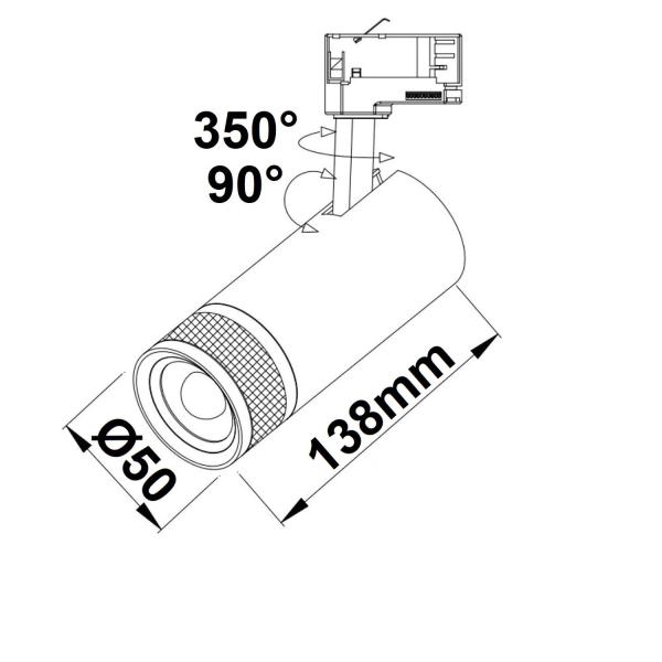 3-Phasen Schienenstrahler fokussierbar, 8W, 20°-55°, schwarz matt, 3000K, dimmbar