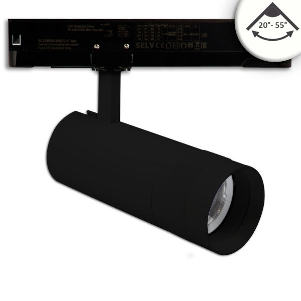 3-Phasen Schienenstrahler fokussierbar, 24W, 20°-55°, schwarz matt, 4000K, dimmbar