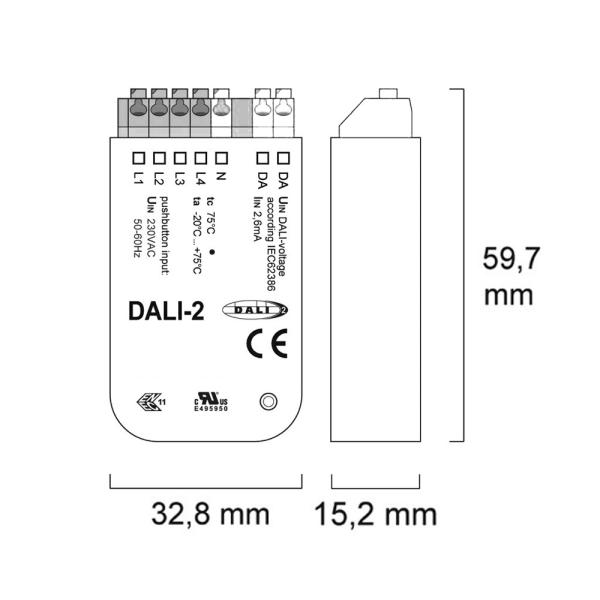 DALI Master-Steuerung Universal für 4 Adressen / 4 Gruppen via 4 Push-Taster, DALI-Bus Spannung