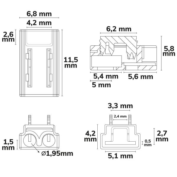 Kontakt-Kabelanschluss (max. 4A/0,5qmm) K2-25 für 2-pol. IP20 Flexstripes mit Breite 5mm