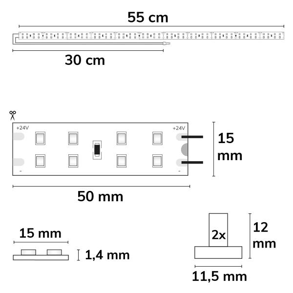 LED T5/T8 Umrüstplatine 830, 55cm, MiniAMP, 88 LED, 24V, 9W, 170 lm/W, warmweiß, dimmbar